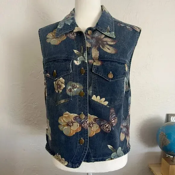 VTG Women's M All Over Butterfly Floral Print Festival Denim Vest Made in USA - Picture 1 of 10